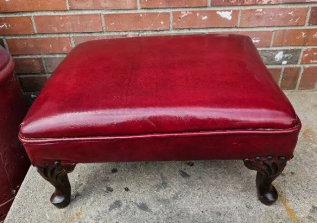 Vintage Footstool Faux Red Leather Upholstery Carved Walnut Feet