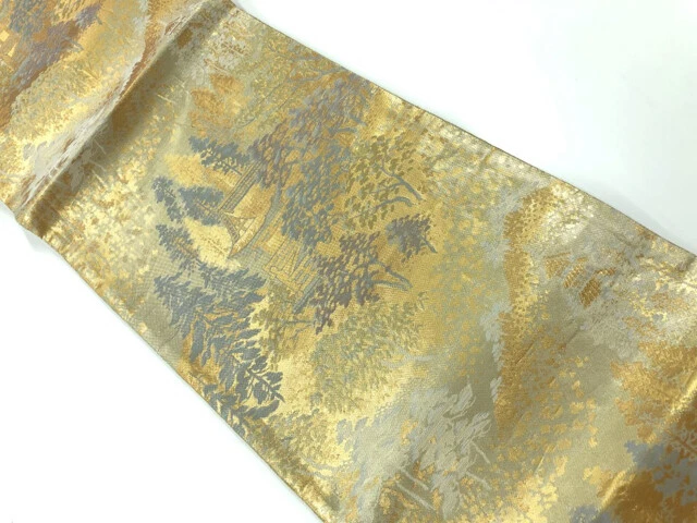 6403235: Japanese Kimono / Vintage Fukuro Obi / Woven Temple & Distant Mountains