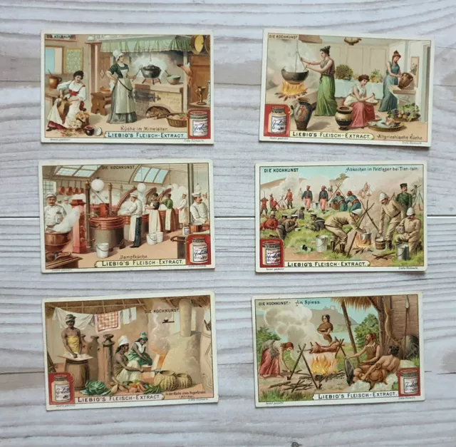 Antike Bilder Karten Liebig Fleisch Extract Serie Kochkunst 6 Stück Sammlung