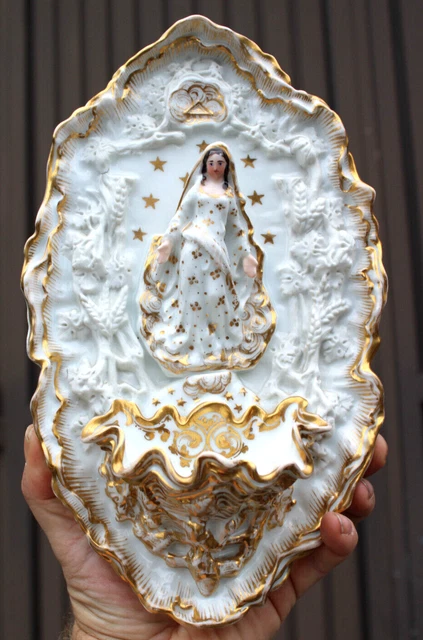 ANTIQUE FRENCH VIEUX paris porcelain 19thc wall holy water font madonna ...