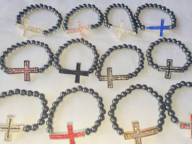 Joblot 20pcs Diamante cross Elasticate hematite beads Bracelets-NEW Wholesale A