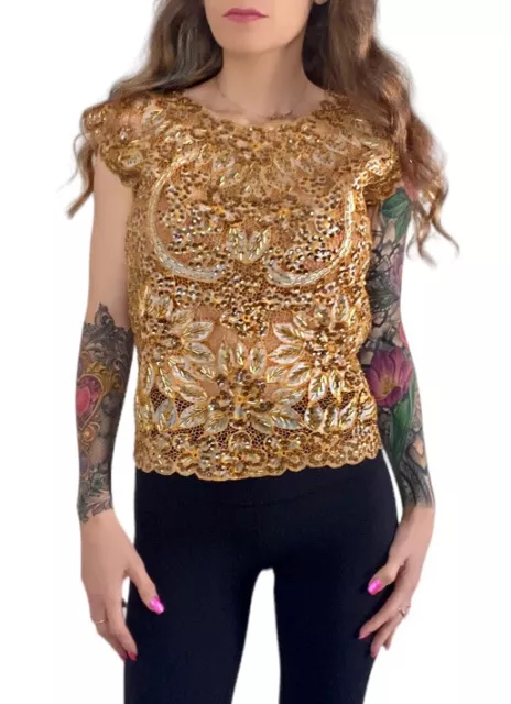 Vintage Beaded Sequin Blouse Gold Floral Paisley Crochet Embroidered Mesh Size S