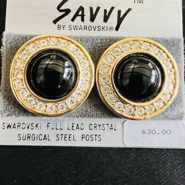 Vintage Swarovski Earrings SAL Savvy Gold Black Jet Cabochon Clear Crystal 4358