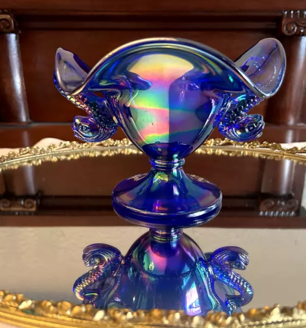 Vintage Fenton Double Koi Dolphin Blue Carnival Iridescent Glass Compote Bowl