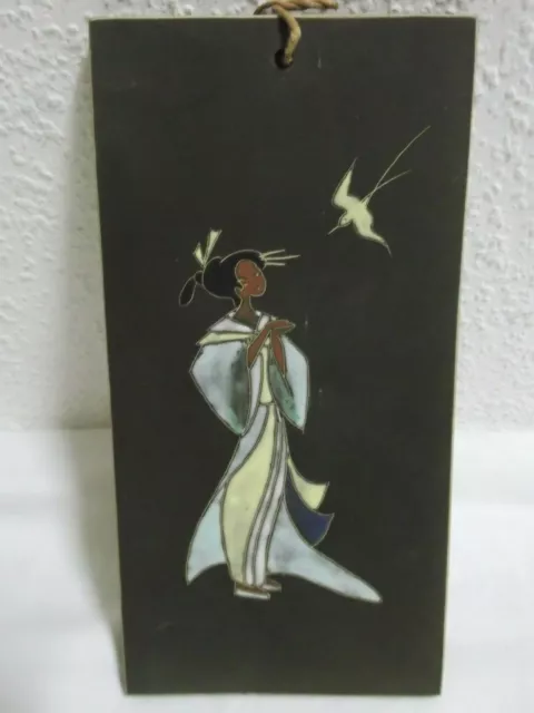 50er Kiechle Wand Tafel Bild Geisha Keramik Handarbeit 21x10 Vintage 50s