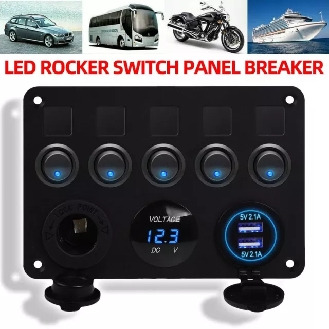 5 Gang LED Schaltpanel für Auto Boot Schalter Schalttafel Voltmeter USB 12V 24V 3