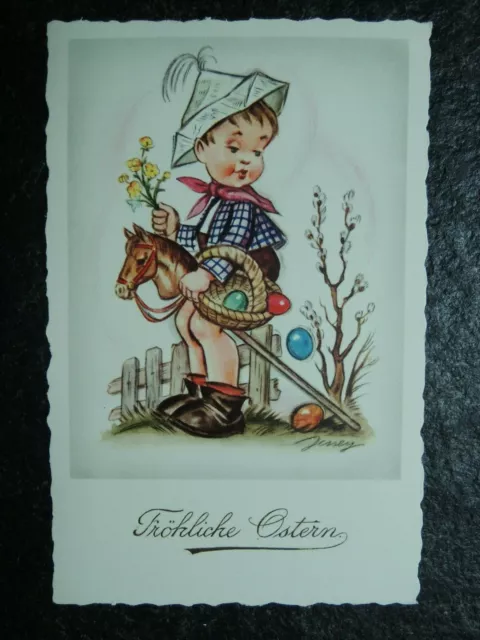 Alte AK , Kinder mit Steckenpferd und Eiern , Fröhliche Ostern , sign. (A854)
