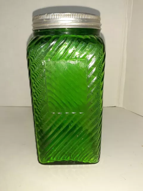 Vintage Owens Illinois Green Depression Glass Ribbed Canister/Hoosier Jars w/Lid