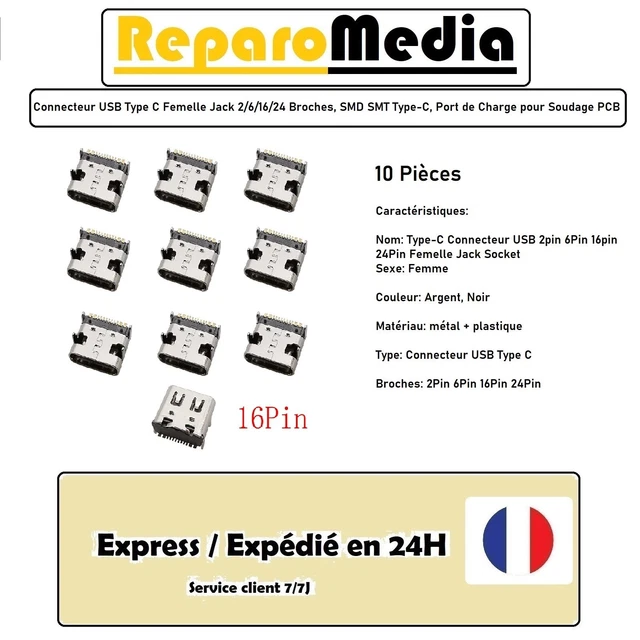 Connecteur USB Type-C 3.1 Femelle 16 Broches Pour PCB - Lot De 5, Pour Charge Rapide, Bricolage électronique