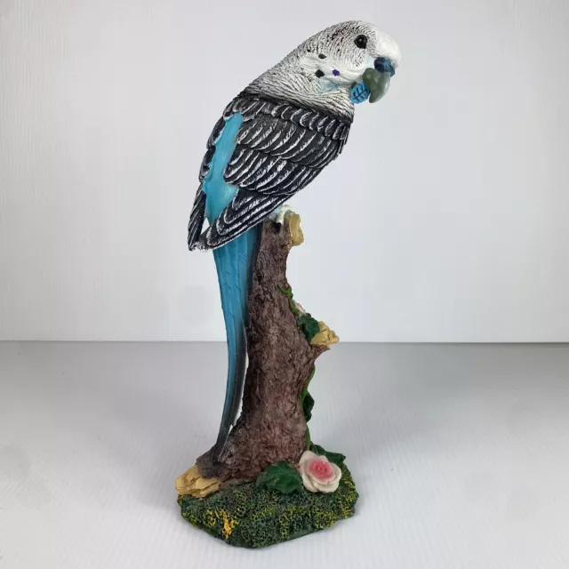 Parakeet Budgerigar Blue Budgie Bird Figurine on Branch 10.5” Tall