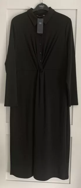 Marks &Spencer Jersey Knotted Midi Shirt Dress Black Stretch Size 18 M&S Bnwt