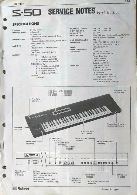 ROLAND S-50 SAMPLER Keyboard Original Service Manual, Schematics Parts ...