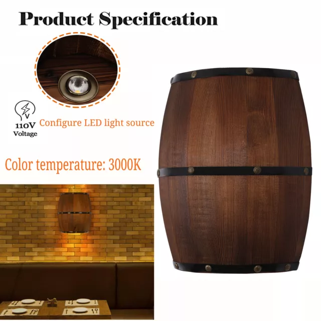 110~120V Hardwired Iron bracket+Wooden Lampshade Vintage Wine Barrel Wall Lamp
