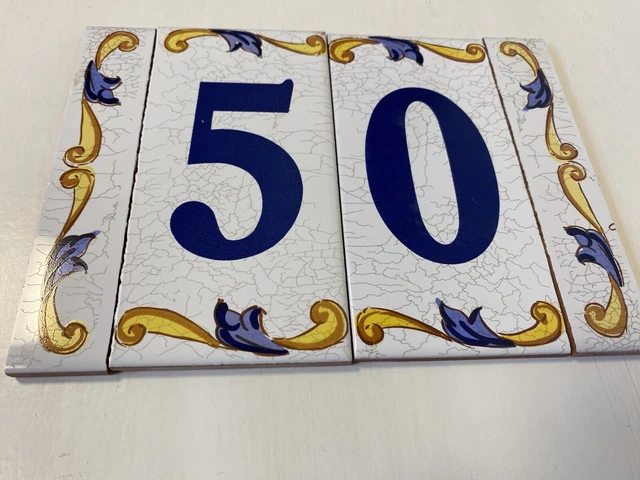 Tile House Number Plaque 50 Spanish Ceramic Hand Painted White Blue Brand New