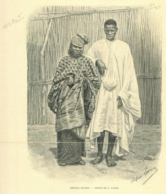 Ménage couple de Wolofs à Goundiourou au Sénégal Afrique de l'Ouest GRAVURE 1895