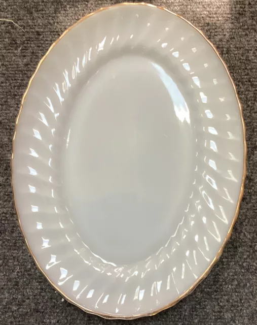 Vintage Anchor Hocking Fire King Milk Glass 12" Oval Swirl Platter w/ Gold Trim