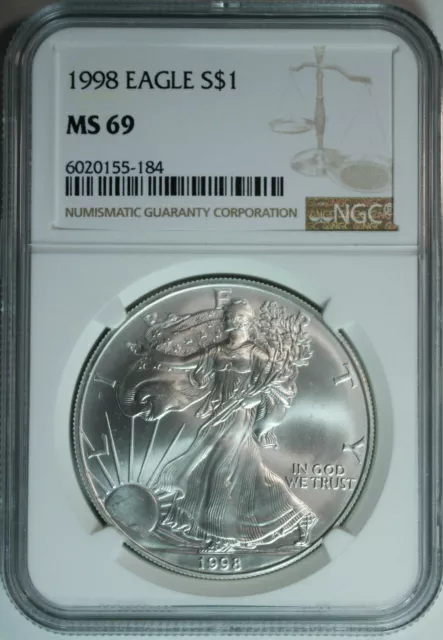 1998 American Silver Eagle Ngc Ms69 Classic Brown Label No Spots Free Shipping