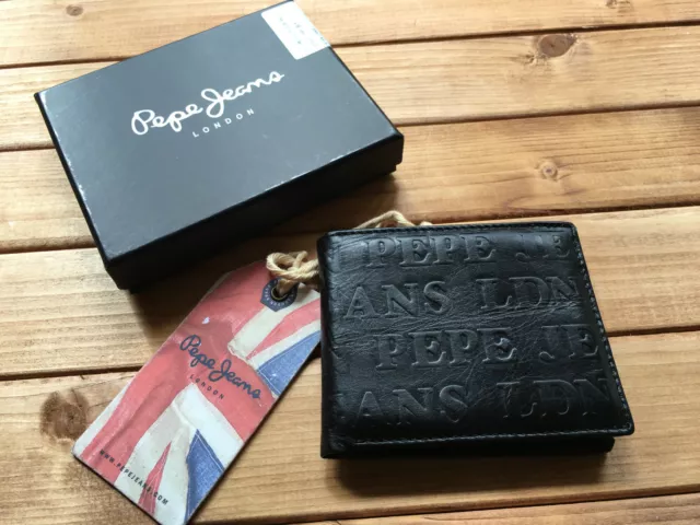 Nouveau Sac Porte-Monnaie Homme Pepe Jeans 100 % Cuir De Vache Véritable Gaufré Noir Neuf Dans Sa Boîte Neuf Dans Sa Boîte