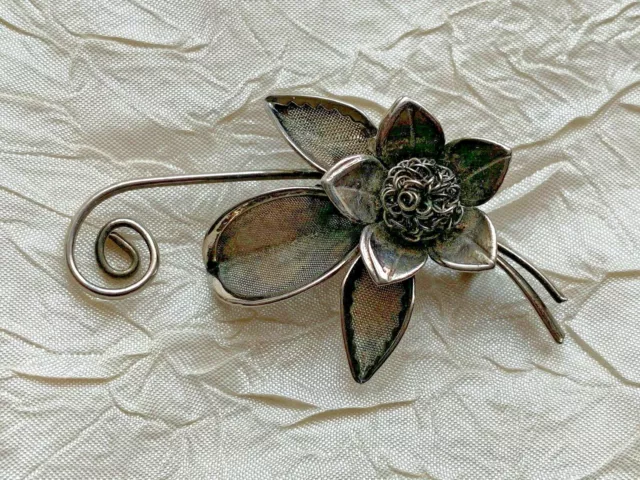 Antique French Art Nouveau Designer Brooch - Flower - Silver metal - 5cm