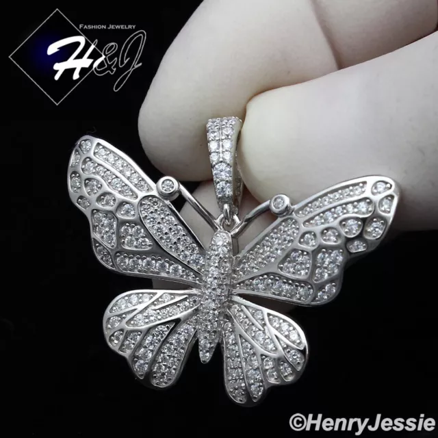 Men Women Solid 925 Sterling Silver Icy Bling Cz 3D Butterfly Pendant*Sp284