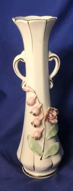 Porcelain Bud Vase~Urn Shaped~With Applied Raised Lilies of the Valley~Gold Trim