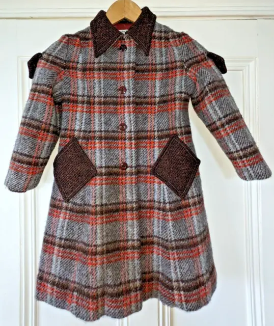 Cappotto di lana Emily Jane vintage foderato taglia età 7-8 grigio blu rosso marrone tweed a quadri