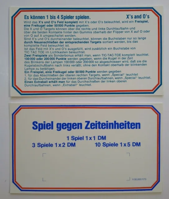 X's & O's Pinball Machine Score And Instruction Card Set 1984 German Text