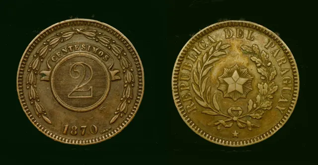 Paraguay 2 centesimos 1870  XF,  copper