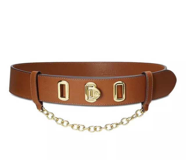 LAUREN RALPH LAUREN Flip-Lock Wide Leather Belt Brown with Gold Chain ...