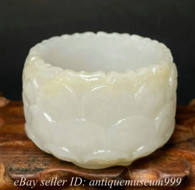 2.2" Rare Chinese Nephrite Natural Hetian White Jade Carving Lotus Flower Cup