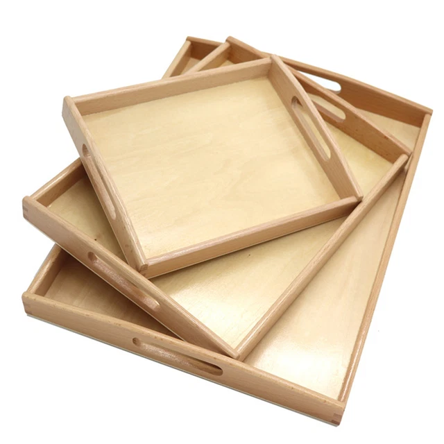 WOODEN MONTESSORI TRAY With Handle Unfinished Education Toys Teaching