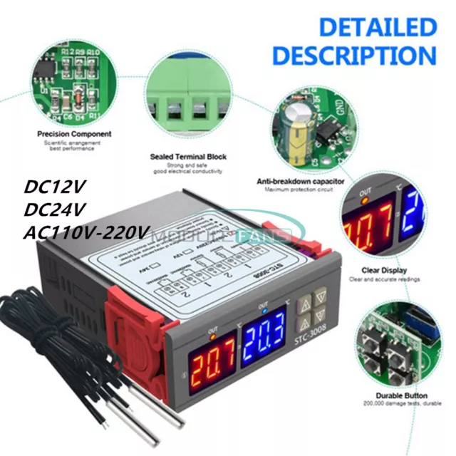 STC-3008 Thermostat Dual LED Temperature Controller NTC Probe 12V/24V/110V-220V