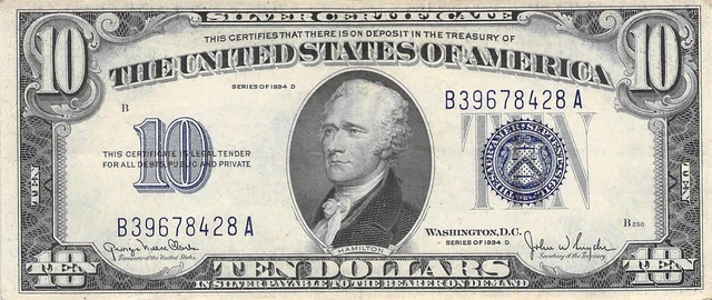 United States $10 Dollars Silver Certificate Note 1934-D
