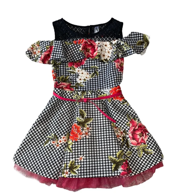 Knitworks girls houndstooth cold shoulder fit and flare floral party dress 7