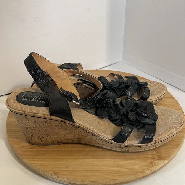 Born BOC Cork Wedge Floral Sandals Women's Size 11 Black Open Toe Leather Shoes