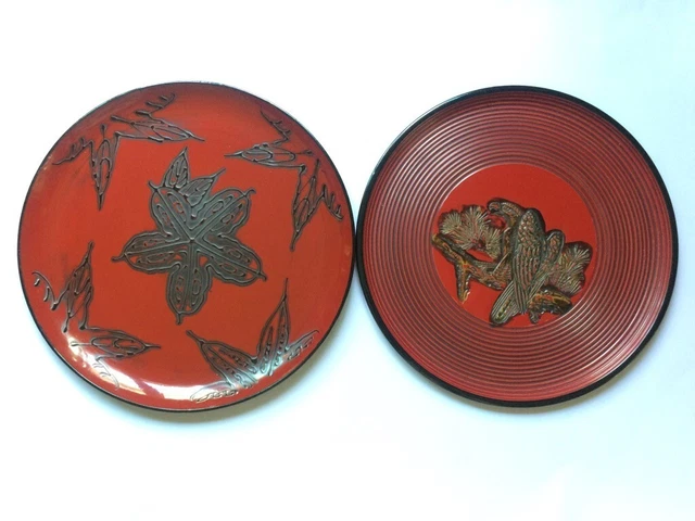 Japanese  Vintage Lacqure Ware Tray Vuiture-Leaves Pattern Size 33 cm.2pieces
