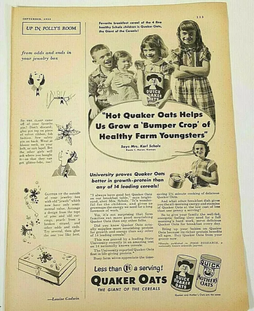 '52 Quick Quaker & Mother's Oats 'The Giant of Cereals' Scholz Kids Breakfast Ad