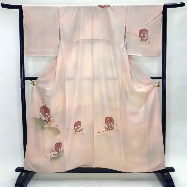 Japanese Kimono "HOUMONGI"  Silk M size A rank pink flower kaioke kimono  1093