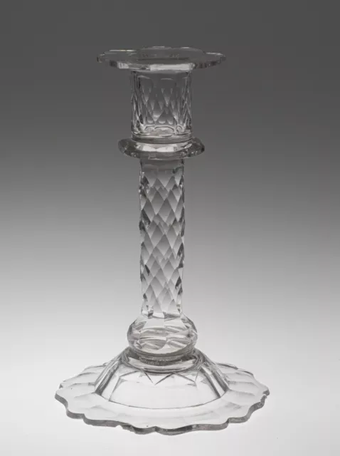 Antique Victorian Large Facet Cut Stem Glass Candlestick - Georgian Design c1850