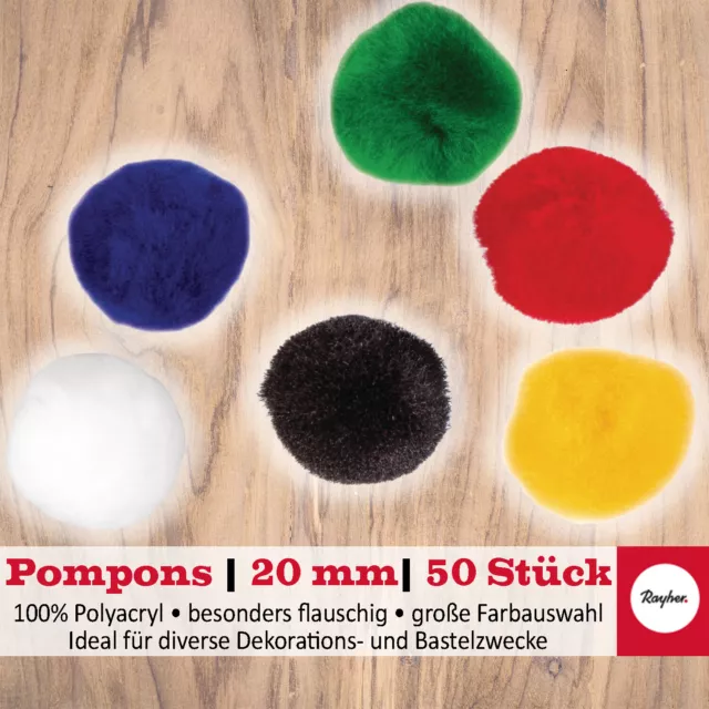 RAYHER Pompons, 20mm, 50 Stück, große Farbauswahl, zum Basteln & für Dekoration