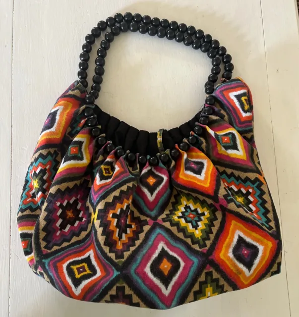 Amici Boho Tote Bag Purse Geometric L Black Beads Hippie Hobo Slouchy Floral