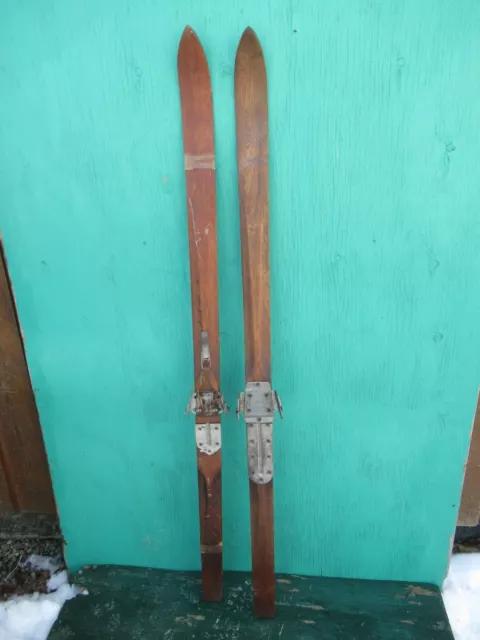 BEAUTIFUL Vintage Wooden 64" Long Skis  and Old Original Finish and Bindings