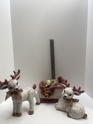 Vintage Kimple Mold Ceramic Reindeer & Sleigh Hand Painted Christmas figurines.