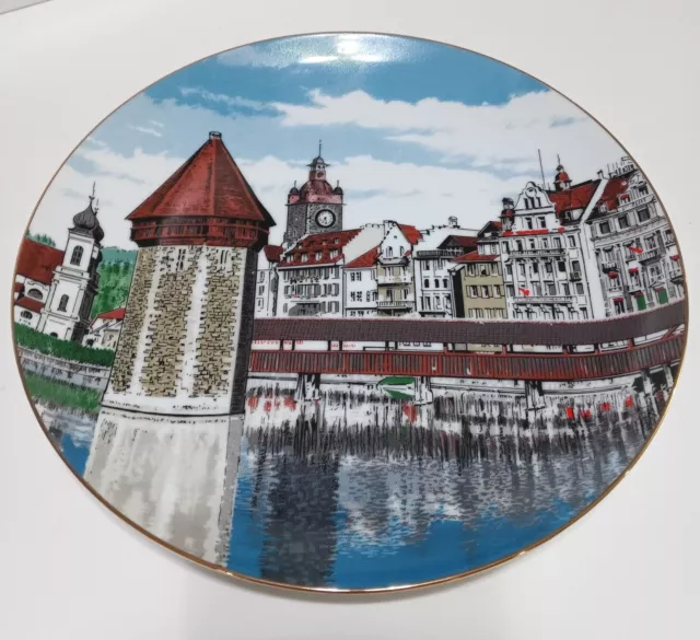 American National Ins Co Fine Porcelain Plates Lucerne Switzerland 22k Trim 1986