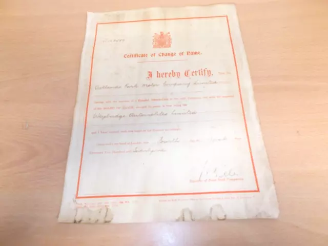 The Certificate Of Change Name -From Outlands Motor Ltd to Weybridge Autobiles