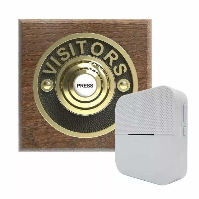 Traditional Square Wireless Doorbell VISITORS in Tudor Oak and Brass