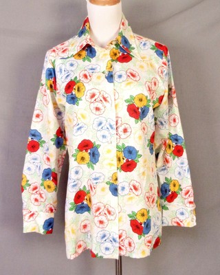 Vintage 70s Alfred Dunner Rare Grand Col Vif Floral Chemise Disco Haut Chemisier