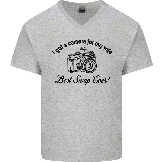 T-shirt da uomo Camera per mia moglie fotografo fotografia collo a V cotone