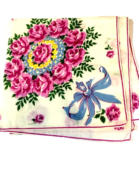 Vintage Pink Floral Bow 13" Roll Edge Hankie Handerchief Novelty