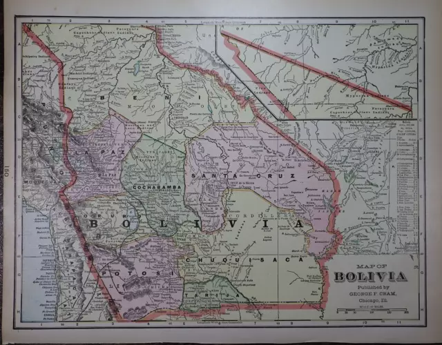 Old 1902 Cram's Atlas Map ~ BOLIVIA ~ (11x14)  ~Free S&H    #647